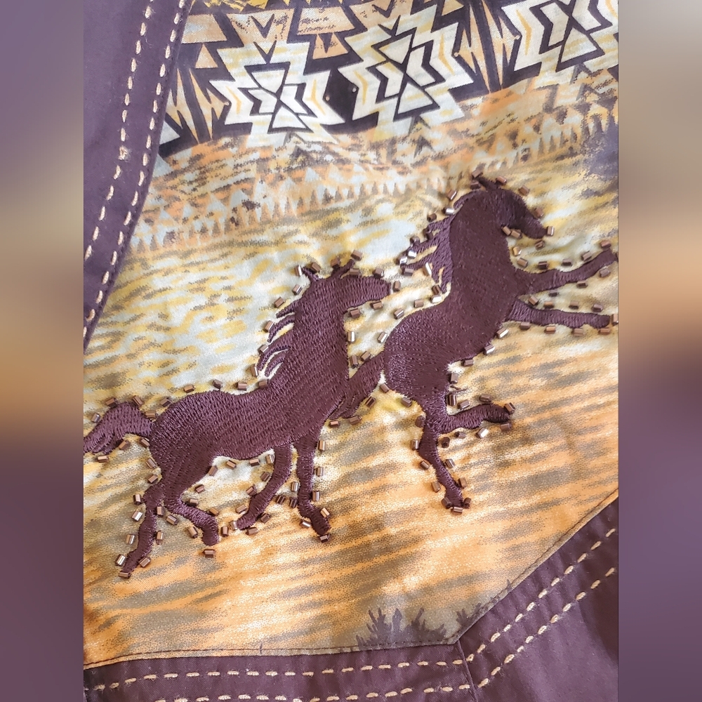 Vintage Brown Reba Beaded Western Rodeo Horses Button Down Long Sleeve Shirt Med - Picture 3 of 12